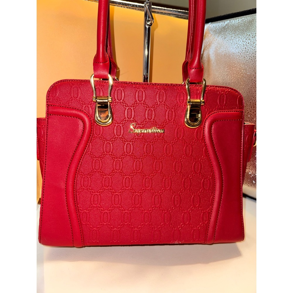 Semonillion Red Embossed Satchel Handbag Gold Hardware Top Handle Bag